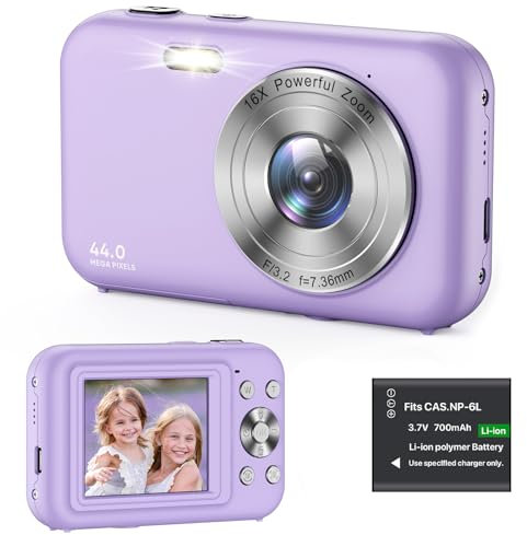 Appareil Photo Numérique Compact, 1080P 44MP Appareil Photo Enfant avec 16X Digital Zoom et Flash, Rechargeables Appareil Photo pour Enfant,Adolescent, Adulte, Débutant (Violet)
