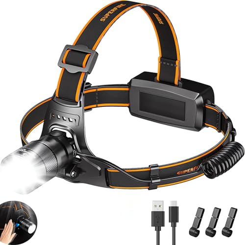 SuperFire Stirnlampe LED Wiederaufladbar, Superhell 15000 Lumen USB Kopflampe Stirnlampen Headlight mit Sensor & Licht auf der RüCkseite & 3 Clips & Zoombare & 5 Modi, Einstellbar für Angeln Camping