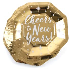 Sparkles Partyware Platos de Nochevieja – Paquete de 20 láminas doradas con diseño de saludos a Año Nuevo – Divertida decoración de mesa de celebración de fiesta