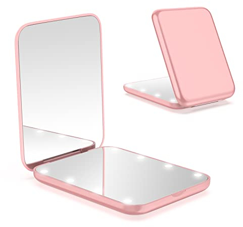 WOBSION LED Spiegel mit 1X / 3X Vergrößerung,Kleiner Reisespiegel mit Licht für Beleuchtung,Batteriebetrieben Taschenspiegel für Reise und Makeup,Tragbarer Handspiegel als Geschenk,Rosengold