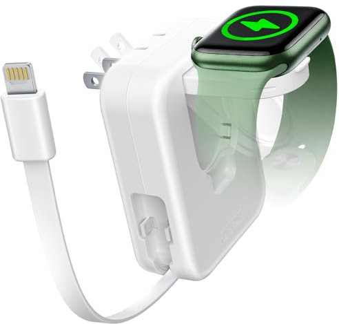 AFLYDOG for Apple Watch Charger Block, 2 in 1 Wall Charger with Built-in Retractable Charging Cable, Travel Foldable Plug Power Adapter Compatible with iPhone iWatch (Not USB-C) White