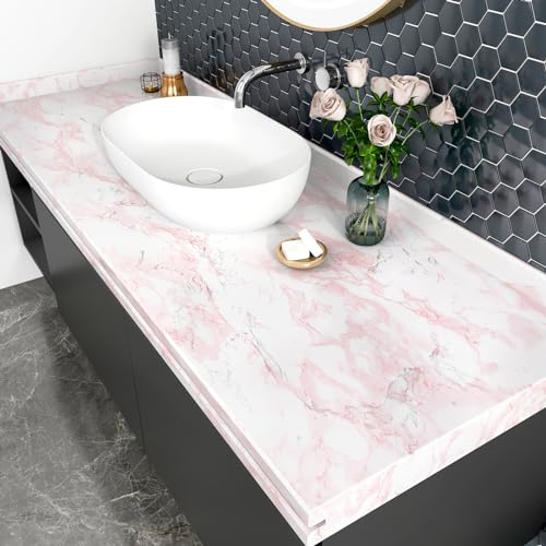 HotDecor Klebefolie Möbel Marmor Tapete Weiß Rosa für Wand Küchenfolie Selbstklebend Folie Arbeitsplatte Küche Tapeten Wohnzimmer Abwaschbare Möbelfolie Marmor Schrank Folie Selbstklebend 60cm X 300cm
