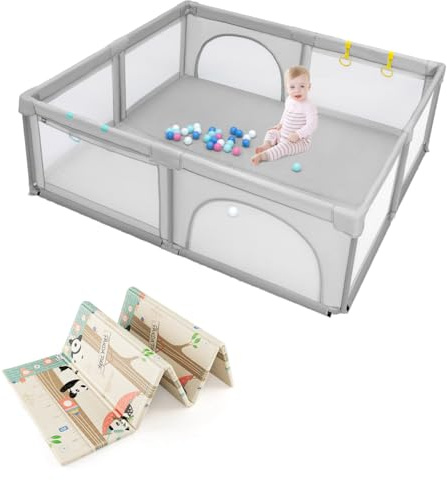 DREAMADE 206 X 185CM Laufstall Baby, Laufgitter mit 50 Bällen & 4 Griffe, Schutzgitter mit 2 Türen, Krabbelgitter Indoor & Outdoor (mit Panda-Muster Matratze, Grau)