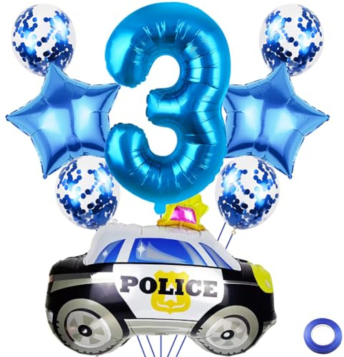 Kawailay 3 Jahr Polizei Geburtstag Luftballons 3. Polizei Geburtstag Deko Polizist 3. Geburtstag Deko Ballons Polizeiauto Folienballon Blau Zahl 3 Luftballon für Junge Geburtstag Party