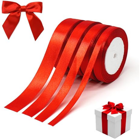 4 Volumes Rouge Cadeau Emballage Ruban, 6/10/15/20mm Large Rouleau Ruban Satin Rouge, Lumineux Polyester Ruban Satin Rouge Fin 22m Longue, Noel Ruban Tissu Rouge Soie pour Cadeau Paquet