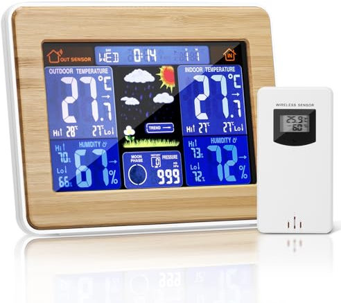 Deepboom Station Météo sans Fil, Station Meteo Interieur Exterieur sans Fil, Thermomètre Intérieur avec Capteur LED Ecran Rétro-éclairage Horloge Numérique Alarme Affichage Heure Date Jour (Bios)