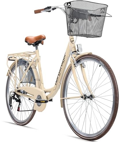 Bergsteiger Paris 26,28 Zoll Damenfahrrad, ab 140 cm, Korb, Fahrrad-Licht, 6 Gang-Schaltung, Damen-Citybike, Damenrad im Retro-Design