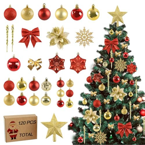 Joyblossom 120 Stück Weihnachtskugeln Set, Weihnachtskugeln Kunststoff mit Baumspitze Stern, Christbaumkugeln Rot Gold mit Aufhängen, Mehrweg Christbaumschmuck für Drinnen und Draußen