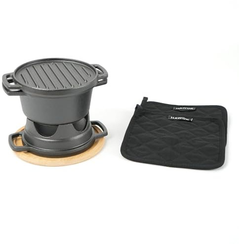 HAWOK Poêle à charbon de bois en fonte avec cocotte de 1 l, avec couvercle multifonction, plateau buffet à cinq pieds, ensemble de mini réchaud pour barbecue multifonction