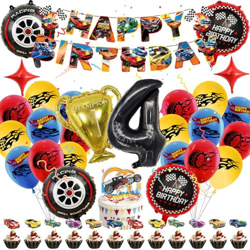 Luclay Fire Wheel Luftballons 4 Jahre Kinder Geburtstag Deko Mädchen - 40Pcs Geburtstagsdeko Hintergrund, Latexballons Tortendeko Geburtstag, Folienballon Racing Car für Party, Kindergeburtstage