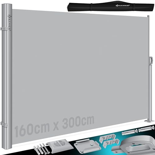 KESSER® Alu-Seitenmarkise Ausziehbar & Blickdicht 300 x 160 cm | Garten-Sichtschutz & Windschutz mit Aufrollautomatik für Balkon & Terrasse | Seitenrollo inkl. Regencover mit Wandhalterung Grau