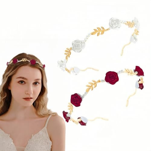 2pcs Rose Flower Pearl Hairband French Vintage Metal FloralHead Accessory Handcrafted Wedding Headpiece Hair Jewelry for Women Girls