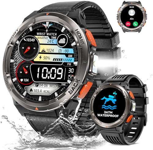 Reloj Inteligente Hombre con LED Linterna, 1,45'' 3ATM Impermeable Smartwatch Militar Hombre con Llamadas Bluetooth, Brújula, Altitud, Barómetro, Smartwatch Hombre con SpO2/Pulsómetro/para iOS Android