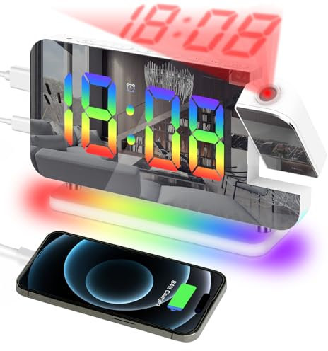 EVILTO Projection Alarm Clock, Digital Colorful Clock with 180° Rotatable Projector, Mirror Clocks with RGB Night Light,Snooze,12/24H, Dual Charger Port, Auto Dimmer, LED Desk for Bedroom, White