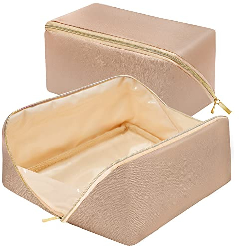 Lazy Makeup Bag Opens Flat for Easy Access,Large Capacity Cosmetic Bag Pouch Makeup Pouch Storage Organiser for Women Girls,Waterproof Travel Toiletry Bag,Birthday Gifts for Friend (Champagne Gold)