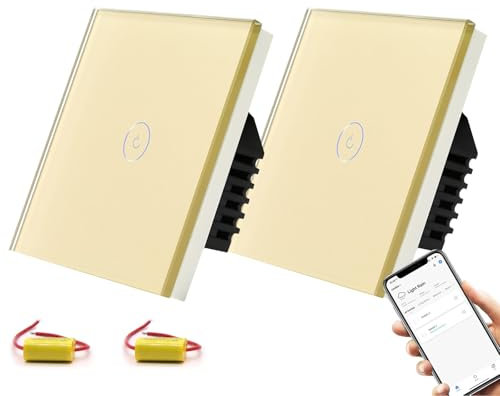 BSEED Smart Lichtschalter,1 Fach 2 Wege WiFi Lichtschalter arbeitet mit Alexa und Google Home,Glas Touch Schalter mit Smart Life APP Steuerung und Timing-Funktion Gold(NO neutraler Draht) 2 Stück