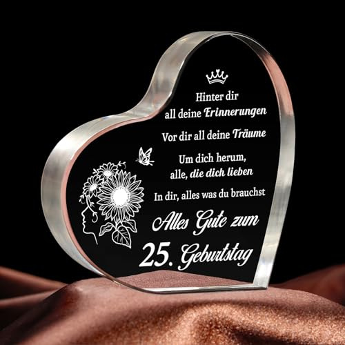 Giftasy Geschenk zum 25. Geburtstag Frau - Acrylherz Tischschmuck, 25. Geburtstag Deko, Geburtstagsgeschenk für 25 jährige FrauSchwester Tochter Beste Freundin