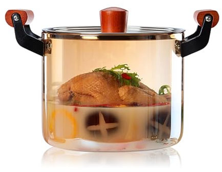 Glass Simmer Pot with Lid, Glass Pots for Cooking with Cover and Wooden Handle High Borosilicate Stovetop Cooking Pot for Pasta Noodle Soup Milk Baby Food 4.2 Quarts