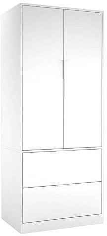 URBNLIVING 2 Door 2 Drawer Minimalist Bedroom White Wardrobe Storage & Hanging Rail Modern Furniture with Clothes Shelf for Home Organiser Unit 179cm H x 74cm W x 50cm D