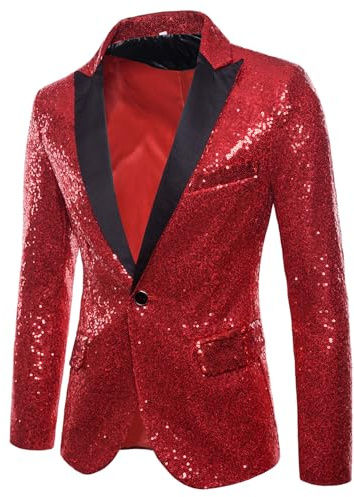 Herren-Blazer mit Pailletten, glänzend, lange Ärmel, Revers, Disco, Metallic, Smoking, Party, Abschlussball, Anzug, Jacke, modischer Glitzer, Smoking für Hochzeitsbankett, rot (2), XXL