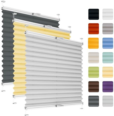 Fenster Plissee ohne Bohren zum Kleben auf Rahmen - Thermo Plisseerollo Innen - Rollo Jalousie, auf den Fensterrahmen, Faltrollo, Sichtschutz, Blickdicht, für Fenster & Tür - Hellgrau, 100 x 110 cm