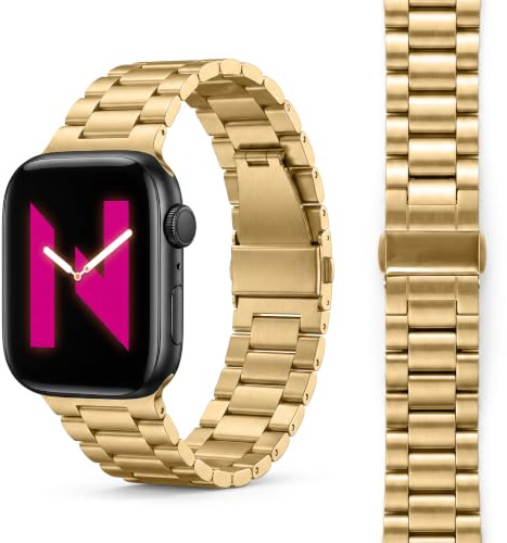 NALIA Mova Edelstahl Armband für Apple Watch 42/44/45/46/49mm, Königs Gold | 49mm/46/45/44/42 Serie 1-3, Einfache Anpassung, Doppelfaltschließe mit Sicherem Halt