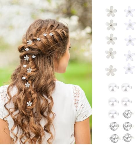 20 Stück Weiße Kleine Blumen-Haarspangen Haarschmuck, Süße Mini-Haarspange mit Strasssteinen und Perlen für Damen, Braut-Haarspangen für Mädchen, Hochzeit, Haarschmuck (4 Muster) (Weiss)