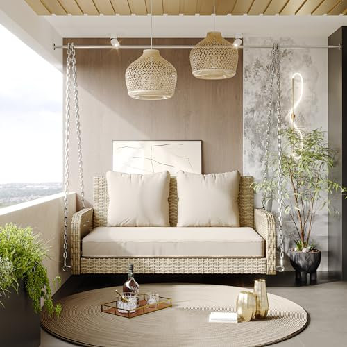 Generisch Hollywoodschaukel aus wetterfestem Polyrattan mit Doppelsitzkissen & Metallkette – Gartenschaukel für Außenbereich, 160 kg Tragkraft, abnehmbare Bezüge, UV-beständig (113x54x53 cm)