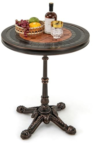 COSTWAY Table de Salle à Manger Ronde de 60,5 cm, Table Bistro en Aluminium Coulé Résistante aux Intempéries avec Texture Sculptée et Plateau Peint, pour Jardin Piscine, Bronze