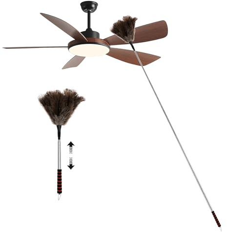 BAODBF Plumero telescópico de avestruz (rojo) | Plumas naturales para ventilador de techo, telarañas, muebles, limpieza antiestática, lavable con mango de acero inoxidable