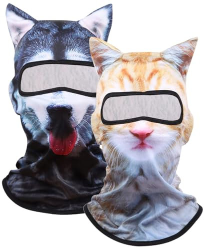 OLIPHEE 3D Cat Ski Sturmhaube für Herren Balaclava Damen Transparente Gesichtsmaske mit Ohren Niedliche Tier Ski Mütze für Musikfestivals Raves Party Outdoor Aktivitäten 2P Katze+Hund