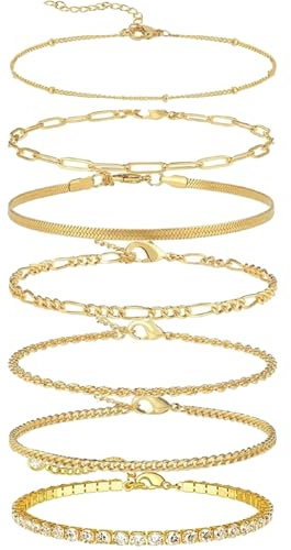 AHEJIOO Fußkettchen Für Damen Gold, 7 Stück Wasserfeste Fußkettchen Für Frauen, Elegante Fußkette Gold Für Täglichen Gebrauch Und Besondere Anlässe, Ideal Als Geschenk