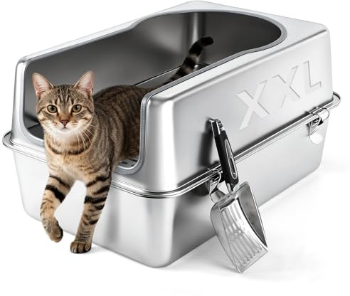 Bartuke XXL Stainless Steel Cat Litter Box, 23.6 L x 15.7 W x 12 H Extra Large Semi Enclosed Removable Metal Litter Tray with High Sided Enclosure, Scoop, Anti-Leakage, Non-Sticky, Easy Cleaning