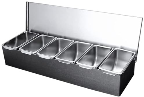 Contenitore per pizza – 6 scomparti in acciaio inox per condimenti con coperchi per casa e ristorante