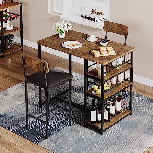 WEJIUAFB Bar Table Set, Dining Table Set for 2 with 3 Storage Shelves, Tall Kitchen Breakfast Nook with Padded Cushion Stools, Space-Saving Dining Set for Small Spaces, Apartment, Vintage