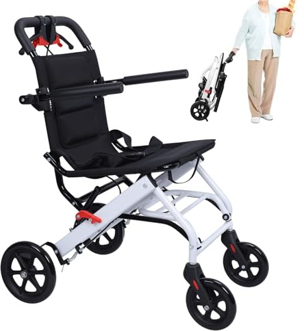 Reiserollstuhl Ultraleicht Faltbar Nur 8,2kg, Faltbarer Rollstuhl mit Sicherheitsgurt und Handbremsen, Transportrollstuhl, Belastbarkeit 91 kg (Weiß & Schwarz, Sitzbreite 40 cm)