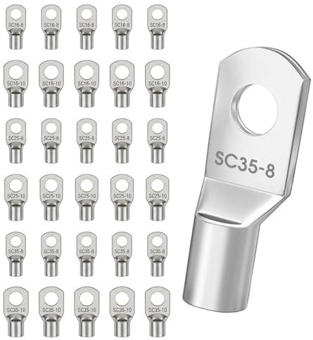 Juego de 30 terminales de cable tubular de cobre estañado SC 16 25 35 mm² M8 M10, terminales de cable de anillo sin aislar estañado para cable de batería coche moto caja de distribución solar