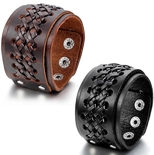 JewelryWe Schmuck 2pcs Herren Armband, Punk Rock Stil Tribal Kreuz Breit Druckknopf Armreif, 23cm, Leder Legierung, Schwarz Kaffee