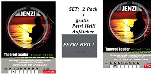 Set: 2 Pack Tapered Leader- Fliegenvorfach von Jenzi alle Größen + gratis Petri Heil! Aufkleber (Größe 3)