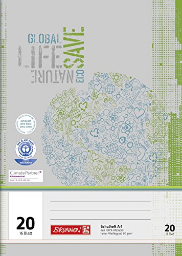 BRUNNEN Schulheft Recycling | A4, Lineatur 20, 16 Blatt, grün/grau