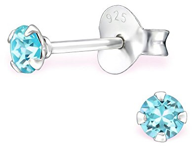 Bungsa Kristall-Ohrstecker mit echtem Kristall LA CRYSTALE 3mm 925 Silber Damen - in 13 edlen Kristallfarben erhältlich (Aqua)