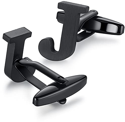 HONEY BEAR 1 Paar Herren Edelstahl Manschettenknöpfe Hochzeit Cufflinks Manschettenknopf Silber Buchstabe,MEHRWEG (J-schwarz)
