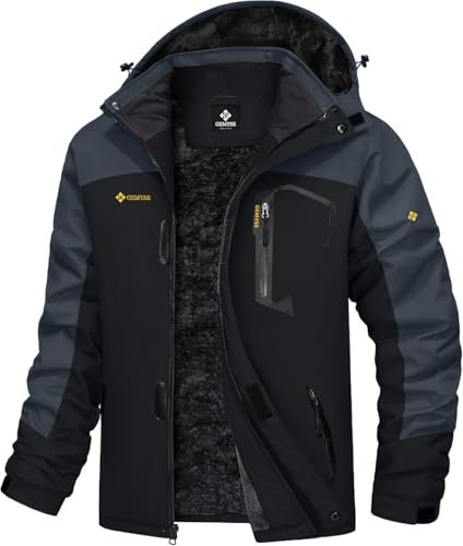 GEMYSE Herren Wasserdichte Berg-Skijacke Winddichte Fleece Outdoor-Winterjacke mit Kapuze (Schwarzgrau,XL)