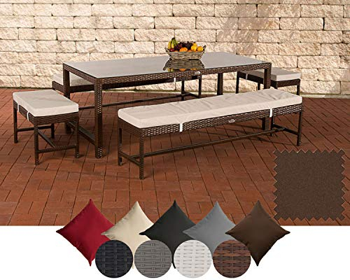 CLP Polyrattan Sitzgruppe Hawaii | Garten-Set Aus 4 Sitzbänken Und Esstisch erhältlich | Farbe braun-meliert Polsterfarbe Terrabraun