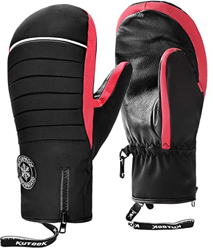 KUTOOK Skihandschuhe Snowboard Handschuhe Herren Damen Fäustlinge Wasserdicht Warm Winter Winddicht Winterhandschuhe für Ski Snowboard Outdoor Schwarz&Rot,L