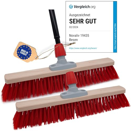 Novaliv 2X Strassenbesen mit Stiel 60 cm I Teleskopstiel ausziehbar I Elaston rot I Industriebesen Kehrbesen Gartenbesen Werkstattbesen Außenbesen