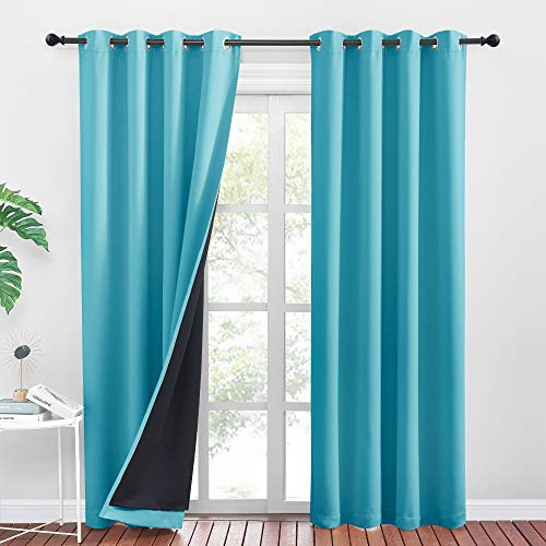 PONY DANCE 100% Blickdichte Gardinen Kinderzimmer 2er Set 245 x B 140 cm Doppellagige und Schwere Vorhänge Kälteschutz Thermovorhang mit Ösen Vorhänge Lichtundurchlässig, Hellblau