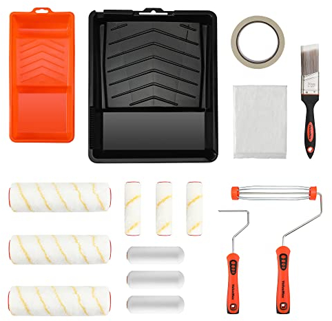 ValueMax Set di Rullo Pittura 16 Pezzi, Rulli per Pittura per Imbiancare Pareti e Soffitti, con Pennelli Pittura, Vassoio, Rulli 100mm e 228mm, Manici, Nastro Adesivo e Panno Protettivo in Plastica
