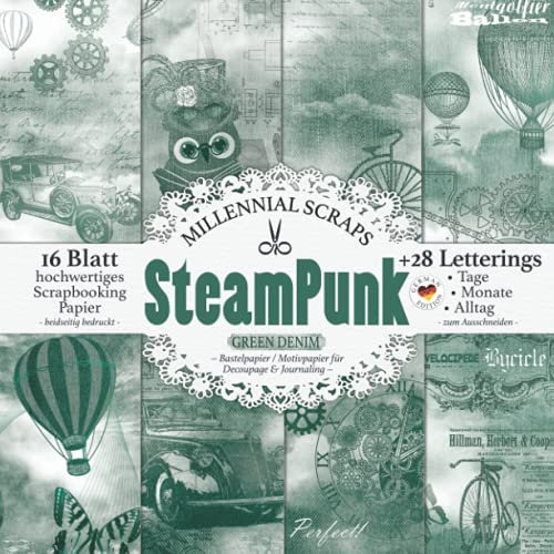 Steampunk Green Denim – Bastelpapier / Motivpapier für Decoupage & Journaling –: Scrapbooking Papier & Junk Journal Zubehör I Zum Ausschneiden I Mit Letterings I Karten Basteln DIY Geschenk I Tagebuch