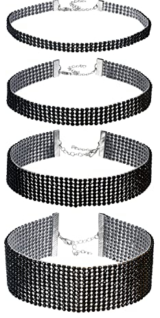 JewelryWe Schmuck 4 PCS Set Damen Halsband, Elegant Strass Choker Halsketten schwarz Transparent Harz Plastik Halsschmuck